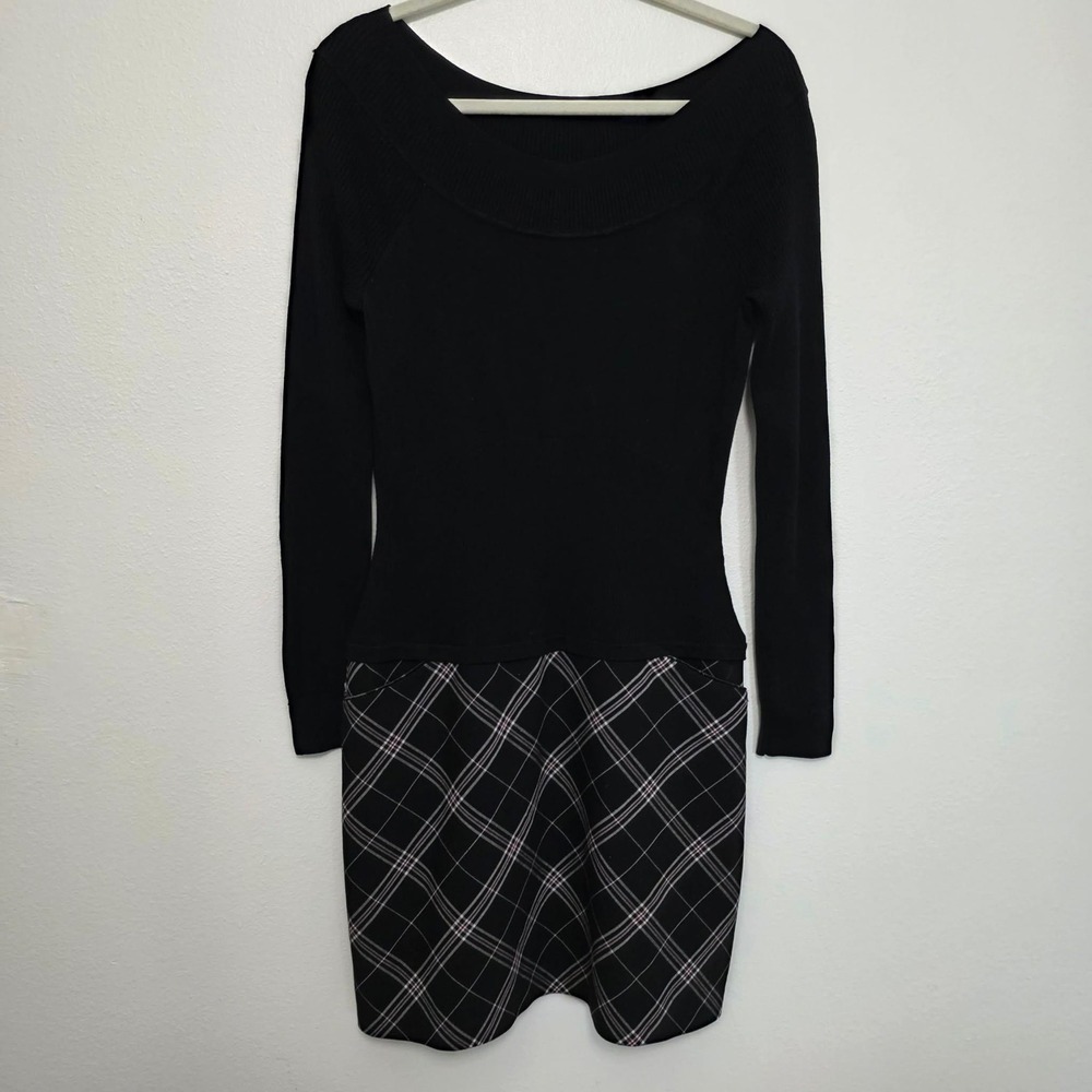 White House Black Market Dress Womens 0 Black Plaid Ribbed Knit Mixed Media